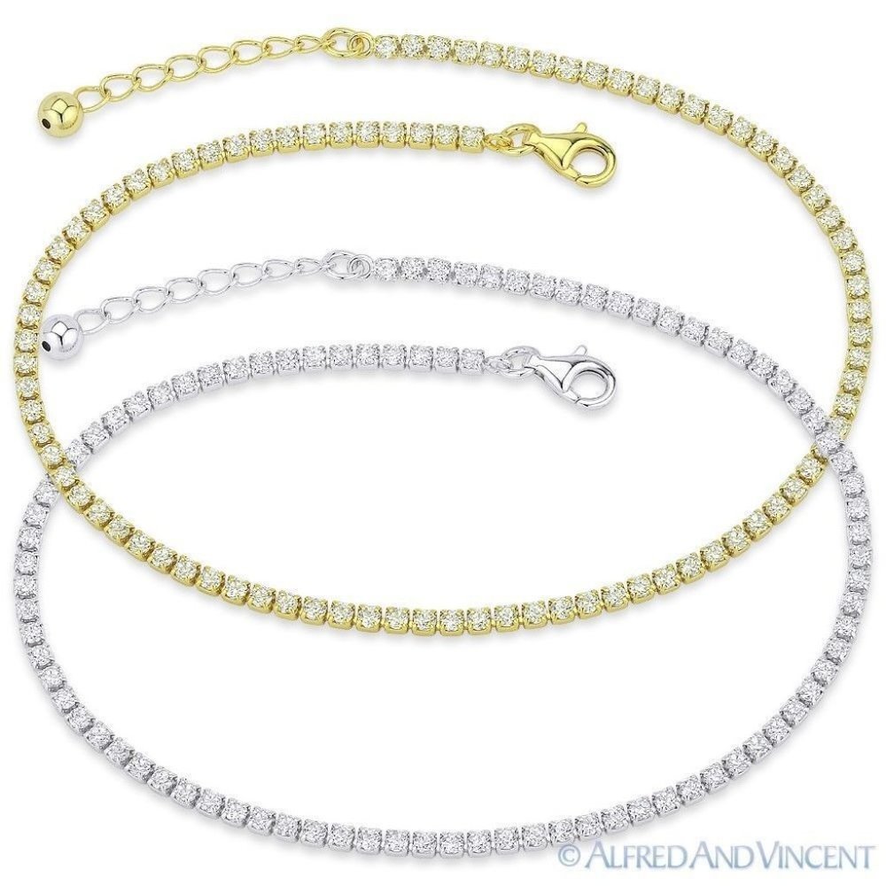 2.3mm Round Cut CZ Crystal Tennis Anklet in .925 Sterling Silver w/ Rhodium